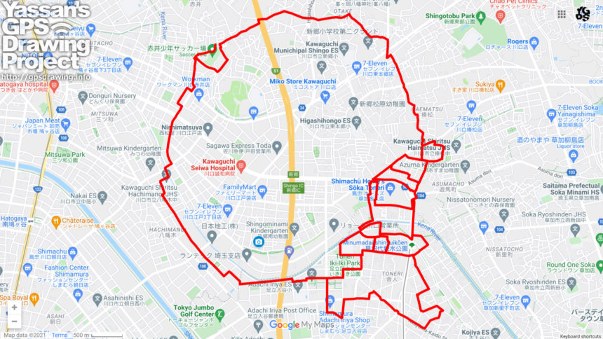 江戸袋を抱えるサンタ（埼玉県川口市と東京都足立区）16km | GPSアート