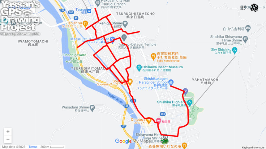 白山比咩神社の竜（石川県白山市）8km | GPSアート.info