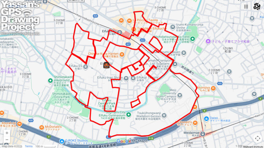 永福の鬼（東京都杉並区）のGPSアート