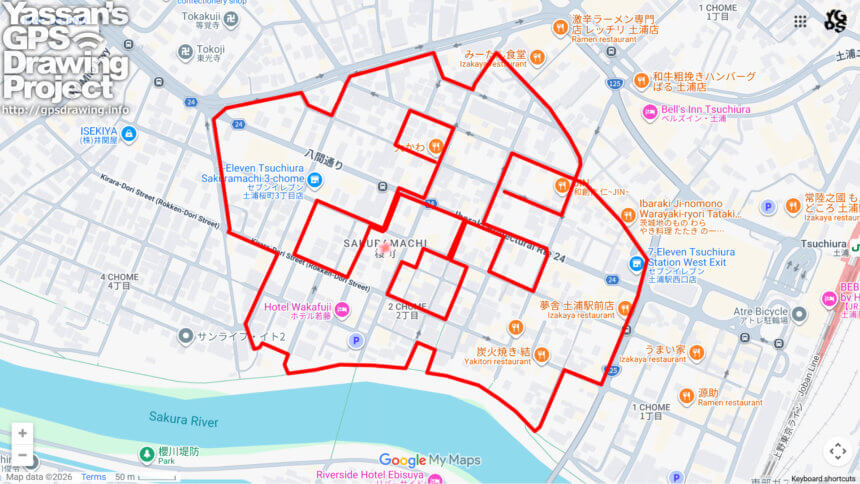 桜町のさくら（茨城県土浦市）のGPSアート